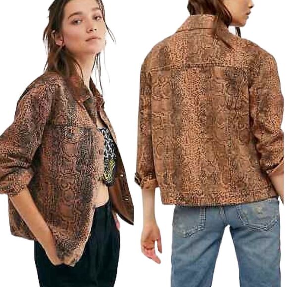 Free People Snake print trucker jacket brown and black oversized size small - Picture 2 of 10